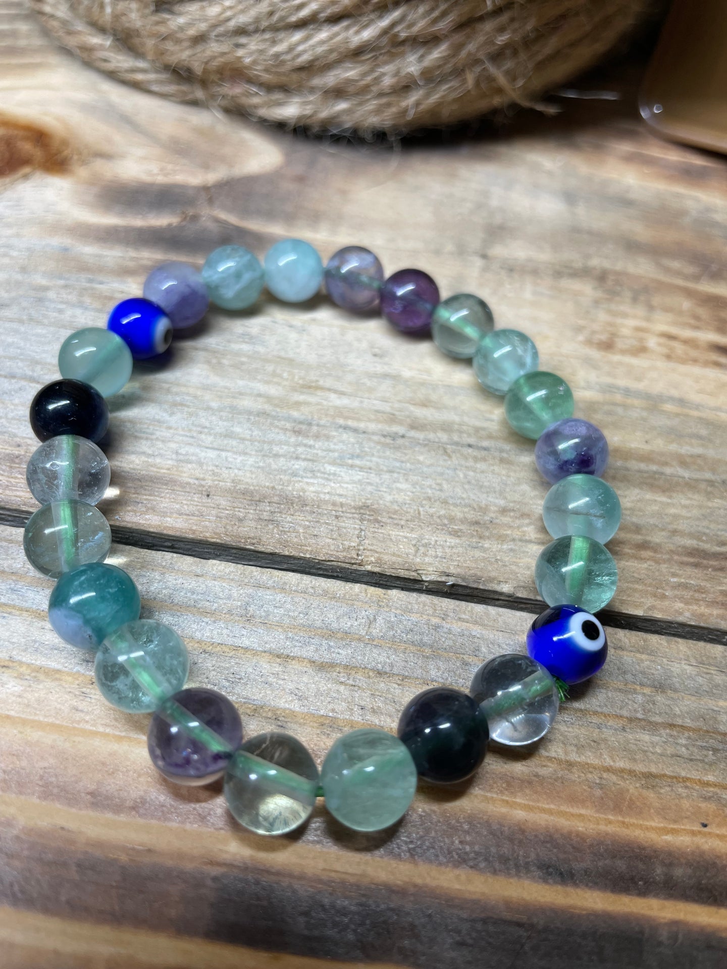 Rainbow Fluorite Bracelet with Evil EYe